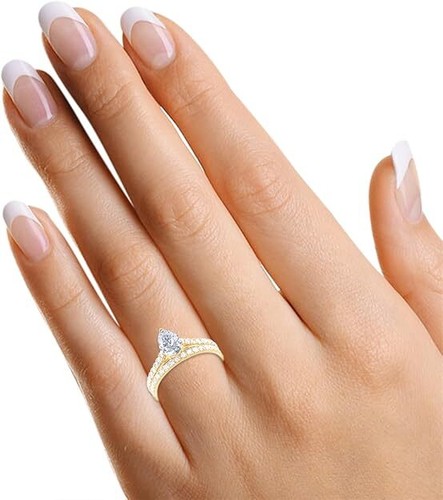 1.10ct Pear Shape Lab Grown Diamond Bridal Set Rings In 10k Solid Gold - Picture 9 of 13