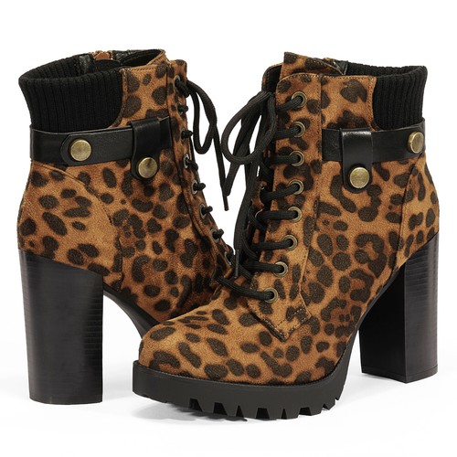 Damen Winter Stiefeletten hoher klobiger Absatz Schnürung seitlicher Reißverschluss Boots - Bild 26 von 26