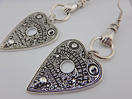 Silver-tone Ouija Board Planchette & Figa Fist Earrings gothic occult skull N6 - Picture 3 of 4