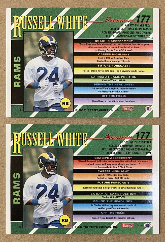 Russell White Rookie With 2 1993 Bowman Football #177 Los Angeles Rams NM-MT - Image 2 of 3