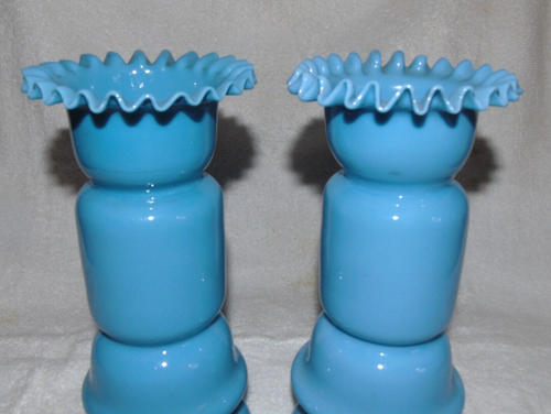 2 Bristol Glass Vases Opaline Hand Painted Blue Ruffle Top 9.5" - Picture 8 of 15