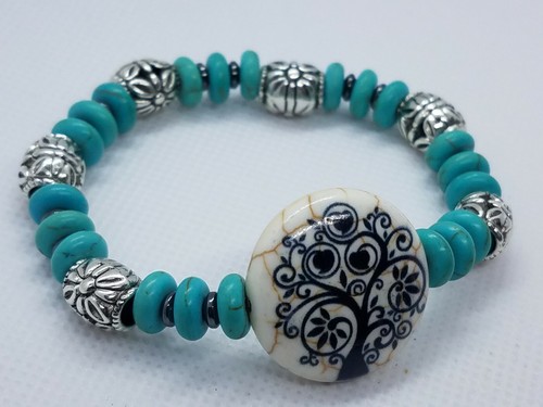 Turquoise & Hematite Gemstone Bead Stretch Bracelet Tree of Life Howlite Bead - Picture 3 of 5