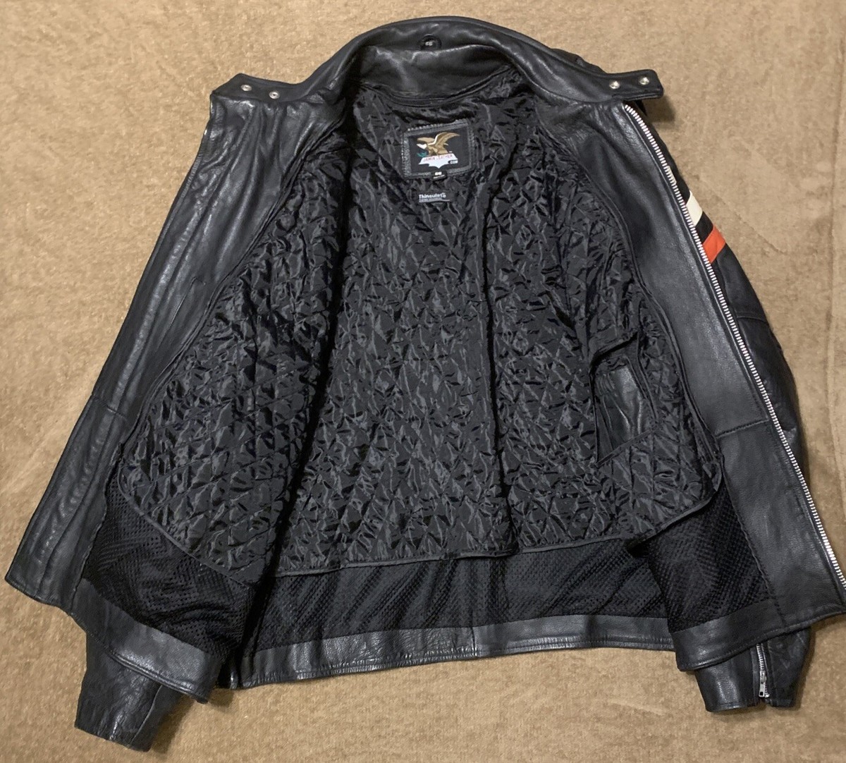 Black Striped Heavy Duty Leather Rider Jacket Size 56 w/ zipout