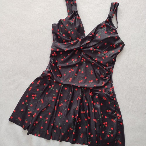 Grace Karin Retro Black Cherry Print Swimsuit L Skirted Ruched One Piece - Picture 10 of 10