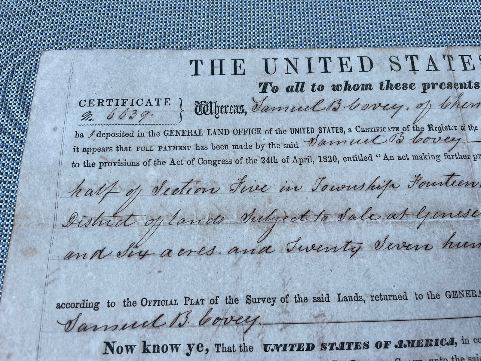 James Buchanan New York Land Grant 1867 on Vellum Historical Document