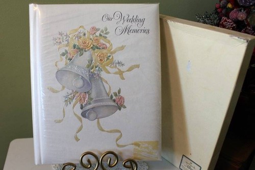 Wedding Album 9x11 Raised Silver Bells Ribbons and Roses Vintage Hallmark in Box