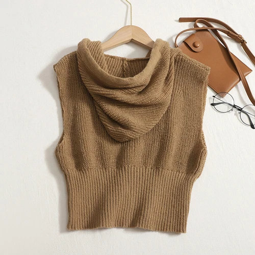 Women Knitted Waistcoat Gilet Zipper Crop Cardigan Hooded Vest Top Hooded Casual - Picture 3 of 19