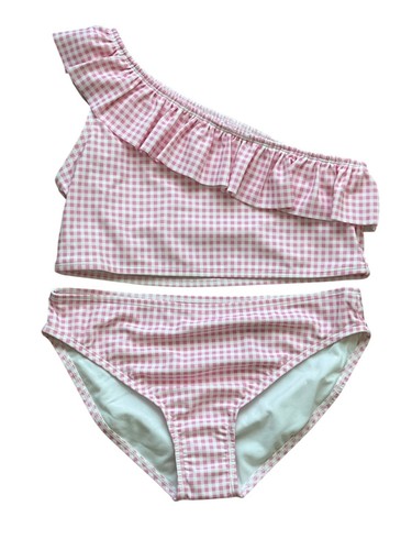 Girls Pink Gingham Ruffle One-Shoulder Bikini Set - Size XXL - Picture 8 of 11