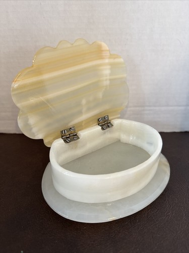 Vintage Onyx Marble Clam Shell Shaped Jewelry Trinket Box Hinged Lid - Picture 1 of 15
