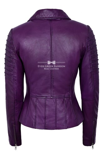 Chaqueta de Cuero Púrpura para Damas Elegante Estilo Motociclista Moda Cuero Napa Real 9334 - Imagen 4 de 6