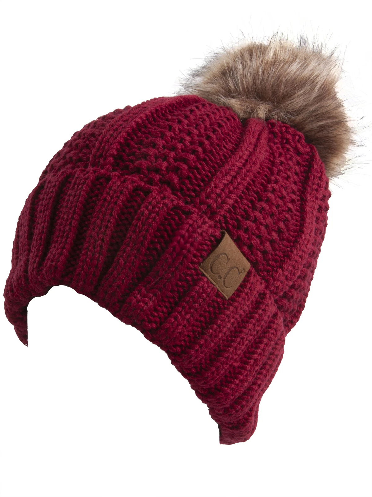 C.C Fleece Lined Cable Knit Faux Fuzzy Fur Skull Cap Cuff Beanie With Pom