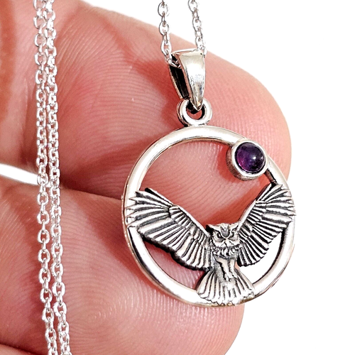 Owl Moon Amethyst Pendant Necklace 925 Sterling Silver 18" Chain Boxed Jewellery - Picture 9 of 12