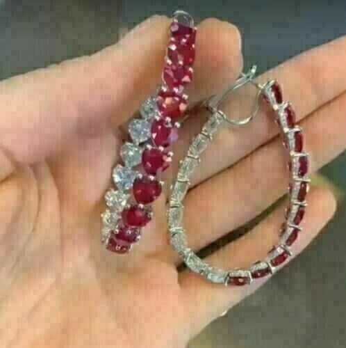 5Ct Heart Cut Lab-Created Red Ruby Clip-On Hoop Earrings 14k White Gold Plated - Picture 5 of 6