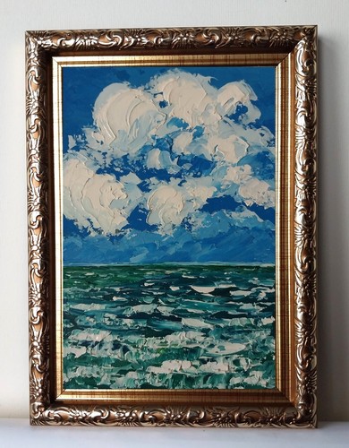 Cloud Over Sea Cloudy Sky Seascape art 4x6 Impasto oil painting original framed - Picture 3 of 15