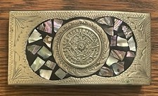 Vintage 1970s Abalone  Mother of Pearl Inlay Mayan Calendar Mexico Belt Buckle