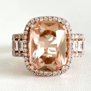 Authentic 925 Sterling Silver FZN Designer Rose Gold Plated Peach & Clear CZ Ring Size 7