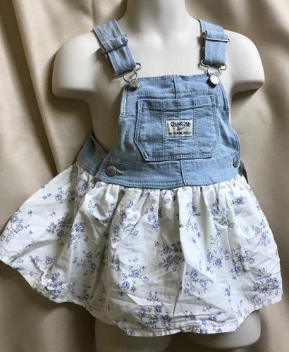 Oshkosh B'gosh Baby's Overall Dress Denim Top with Floral Skirt Sz 12 Months NEW - Picture 1 of 6