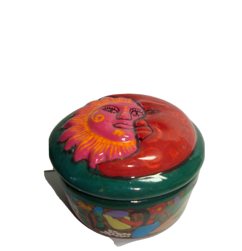 Mexican Folk Art Red Clay Pottery Hand Painted Moon Sun Trinket Box Mexico - Picture 3 of 7