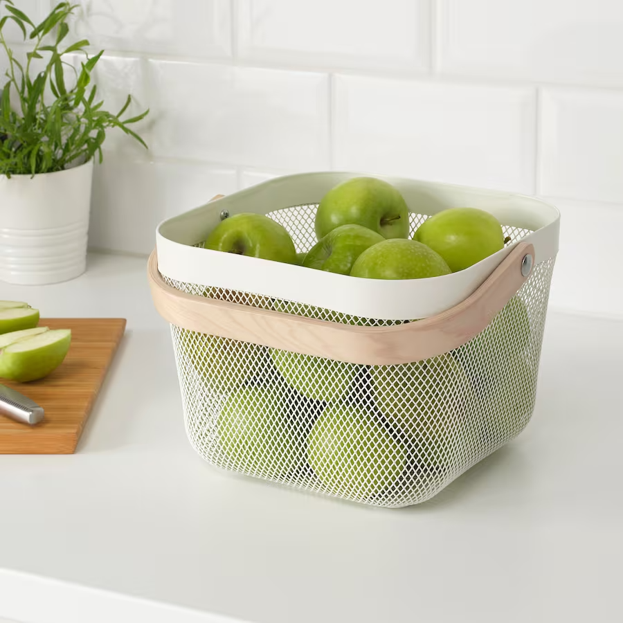BRAND NEW IKEA RISATORP Wire basket, Wooden 9.75 Handle 10.25 colour white
