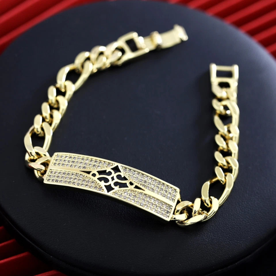 VINTAGE FILIGREE 9K GOLD GF SIMULATED DIAMOND ID BAR CURB CHAIN BANGLE BRACELET - Image 4 of 4