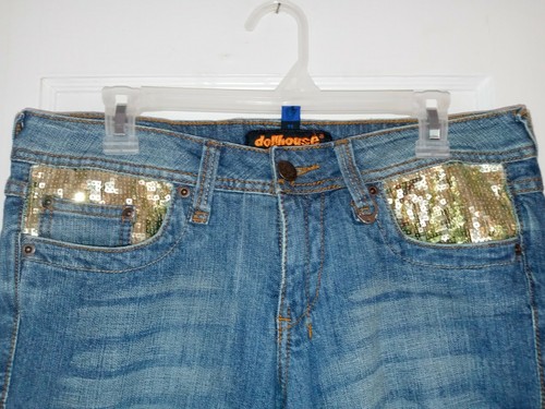 DOLLHOUSE Hippie Boot Cut Jeans Blue Stretch Women's Size 11 Sequined Pockets - Picture 7 of 10