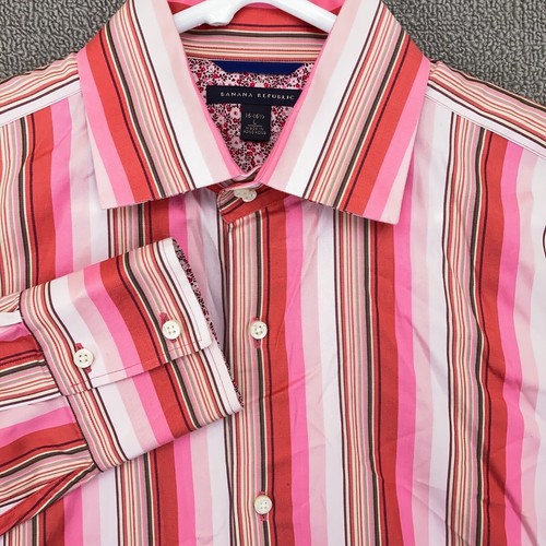 Banana Republic Button Up Shirt Mens Large 16-16.5 Long Sleeve Red Pink Stripe - Picture 1 of 12