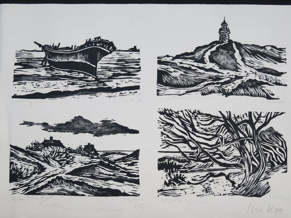 GROSSE Orig GRAFIK * Carl IHRKE : SYLT Kampen Leuchtturm Rotes Kliff SIGNIERT