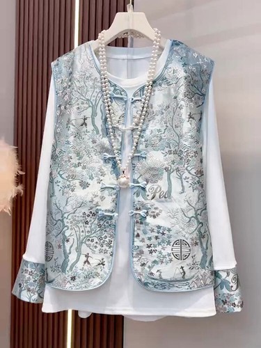 Spring Chinese Style Print Vest Shirts 2025 Spring New Plus Size Women's Top Set - Picture 3 of 7