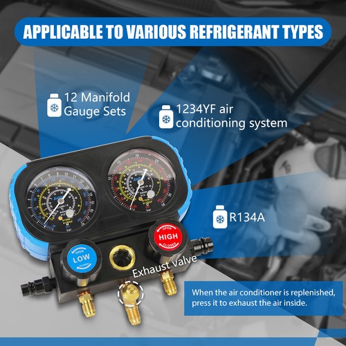Autory 3 Way Manifold Gauge Set for R1234YF R404A R12 Refrigerant Dual Dial AC - Picture 5 of 9