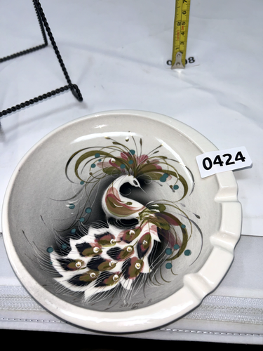 Sascha Brastoff MCM Peacock Ashtray Hand-Painted Gold Accent Vintage Art - Picture 2 of 5