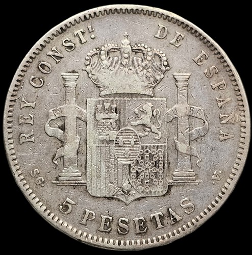 1897 Spain 5 FIVE PESETAS 90% Silver Alfonso XIII KM#707 # 0966 - Picture 2 of 2