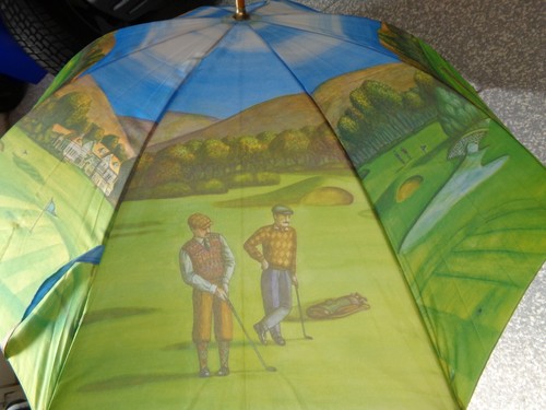 Vintage Large Umbrella Golf Course Golfing Scene Image Wooden Wood Handle - Picture 4 of 5