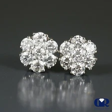 Natural 1.70 Ct Round Diamond Cluster Stud Earrings 14K Gold W/Screw Back