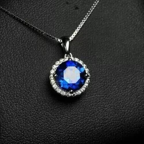 Halo Lady Pendant 1.50Ct Lab Created Blue Sapphire Round 14K White Gold Plated - Picture 1 of 5