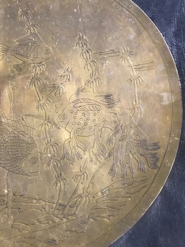 Handarbeit Brass Hand Hammered Fish Koi Mid Century Tray Plate Rare Sea Art Deco - Picture 3 of 12