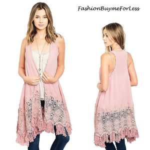 70-039-S-BOHO-Pink-Hippie-Crochet-Swing-Long-Fringed-Tassel-Open-Vest-Cardigan-S-M-L