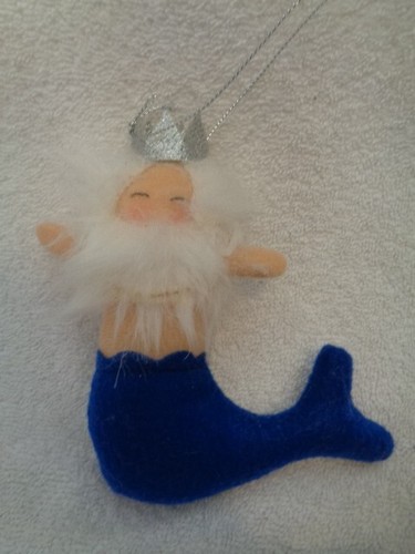 Ornament Merman Mermaid Man White Beard Crown Blue Felt Plush Poseidon King New - Picture 5 of 11
