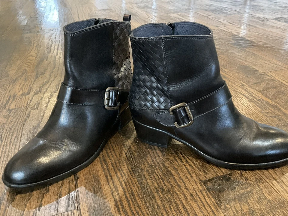 Botines Sesto Meucci tejidos de cuero negro con hebilla y cremallera lateral para mujer talla 8N de EE. UU. Foto 4 de 4