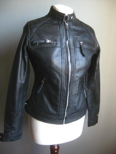 REAL LEATHER BIKER RACER JACKET 8 6 BNWT NEW black short crop soft brand DIAMOND - Picture 17 of 22