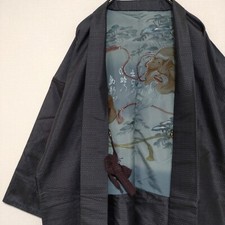 Men's Japanese Kimono Haori Coat Jacket Silk Tsumugi Blue Gray 84.5cm