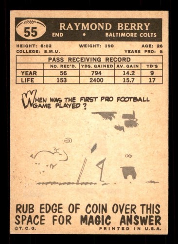 Fútbol americano Topps Ray Berry 1959 #55 casi nuevo - Imagen 2 de 2