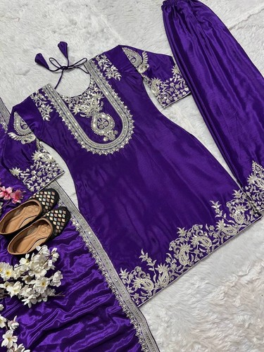 Presenting Heavy Chinnon Purple Salwar Kameez With Dupatta For Function Wear - Picture 3 of 9