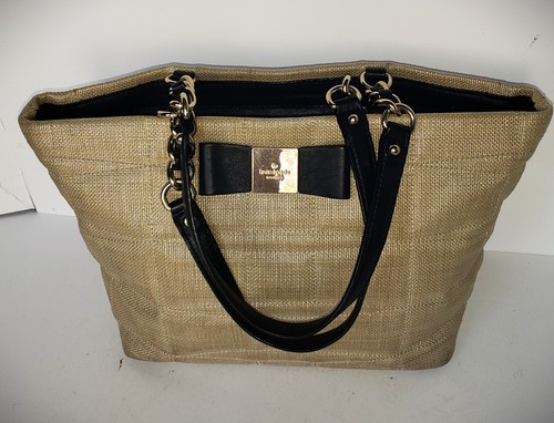 Kate Spade Veranda Straw Quilted Marianne Satchel Shoulder Bag Beige Black Bow - Picture 9 of 14