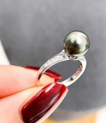 Charm 9-10mm natural south sea genuine black round pearl ring adjustable 02