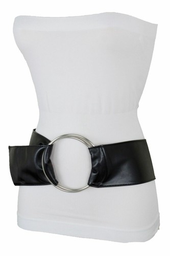 Damen Schwarz Kunstleder Hohe Taille Hüfte Breit Stoff Mode Gürtel Ring Größe M L - Bild 5 von 12