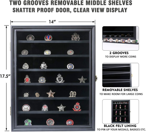 Military Challenge Coin Display Case Lockable Wood Cabinet Rack Holder Black Sha - Picture 2 of 12