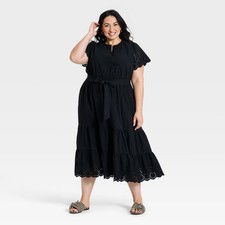 Women Short Flutter Sleeve V-Neck Front Tiered Eyelet Midi Dress - Ava