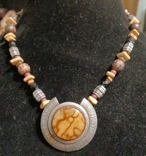 VTG Chico's Beaded Pendant Necklace Statement Boho Silvertone Acrylic Medallion - Picture 1 of 9