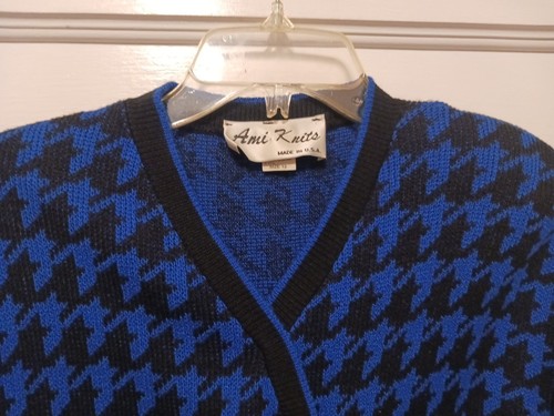 Vtg Ami Knits Ladies Size 12 Blue & Black Check Double Breasted Sweater USA - Picture 2 of 6