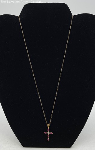 14k Yellow Gold Fine Jewelry Diamond Ruby Gemstone Cross Pendant Necklace